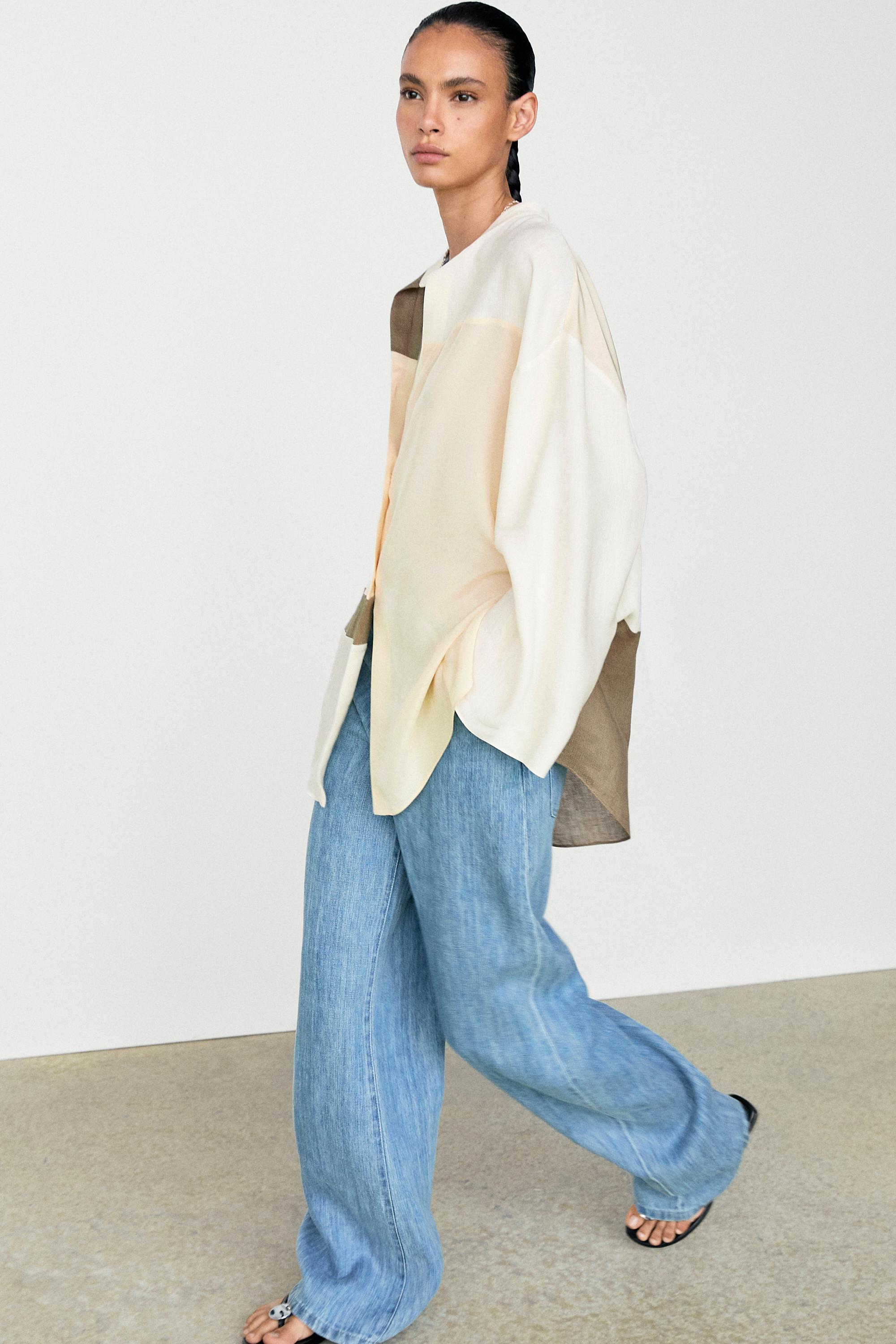 Flowing patchwork shirt with stand-up collar